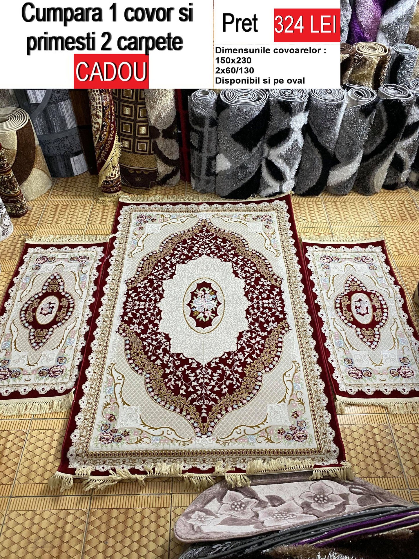 Covor cu insertii florale si 2 carpete cadou