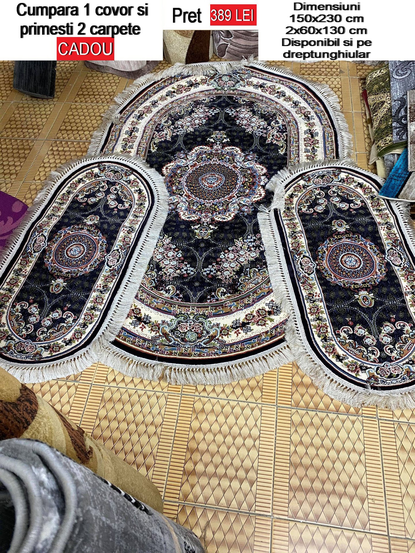 Covor cu insertii florale cu 2 carpete cadou