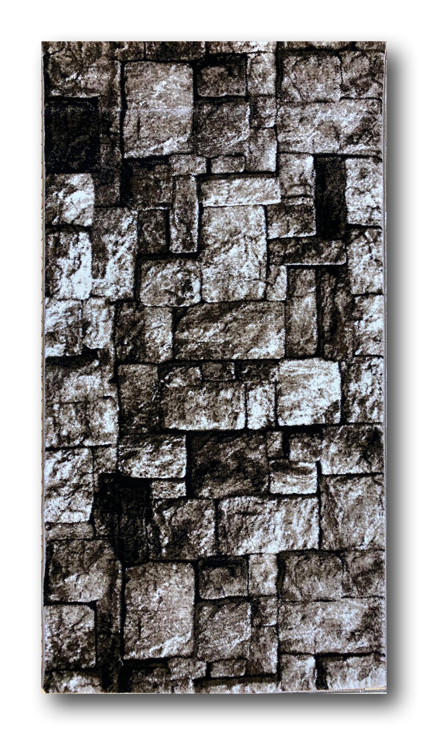 Covor cu insertii geometrice de tip dreptunghice cu aspect de pietre 3D, Bej/Maro