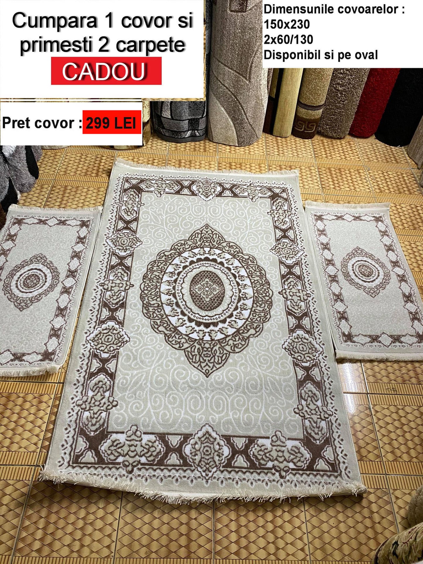 Covor cu insertii geometrice cu 2 carpete cadou