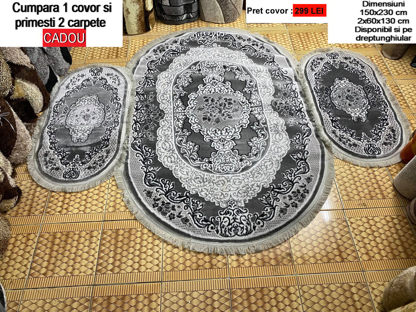 Covor cu insertii florale si 2 carpete cadou