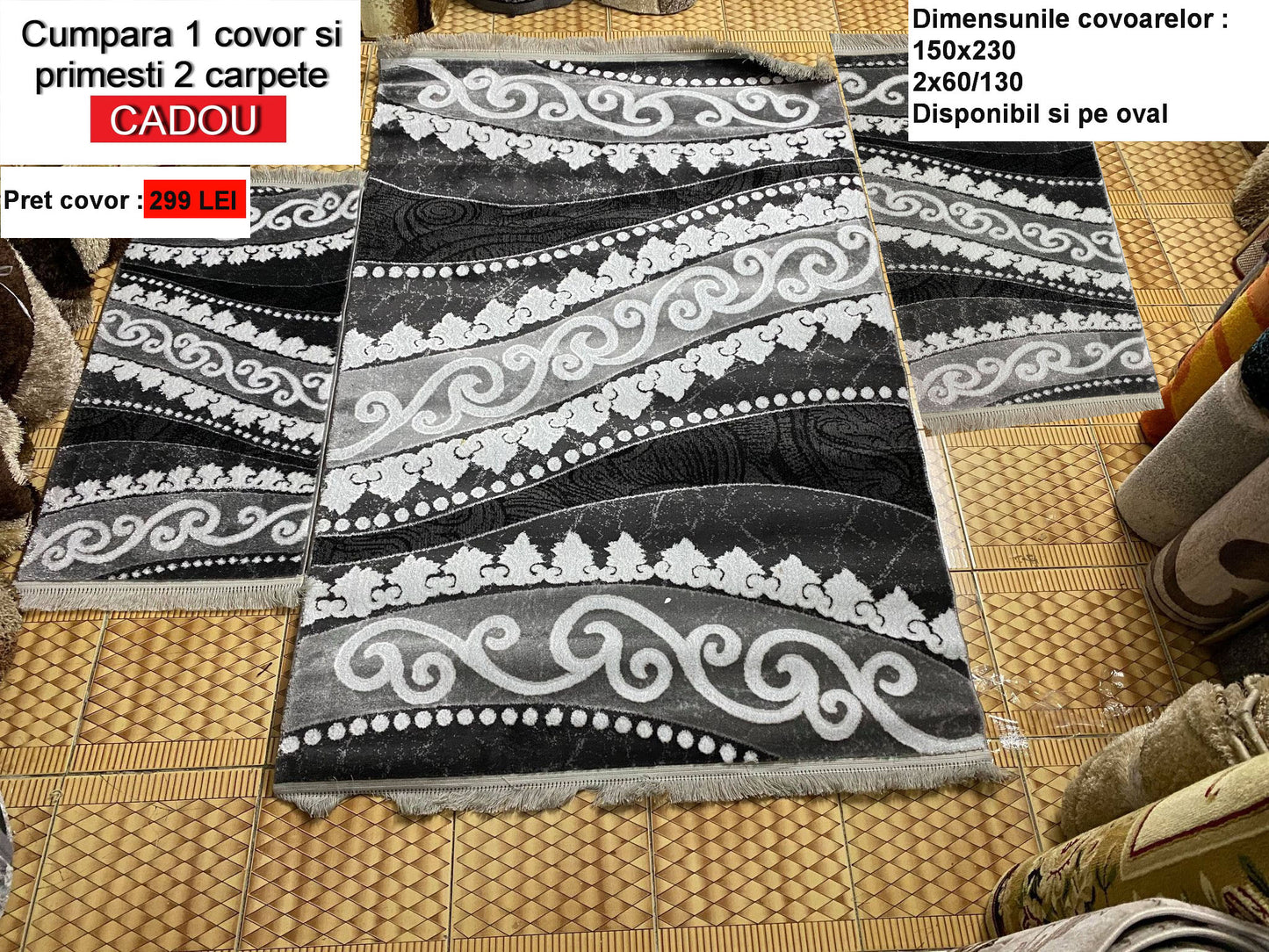 Covor cu insertii geometrice cu 2 carpete cadou