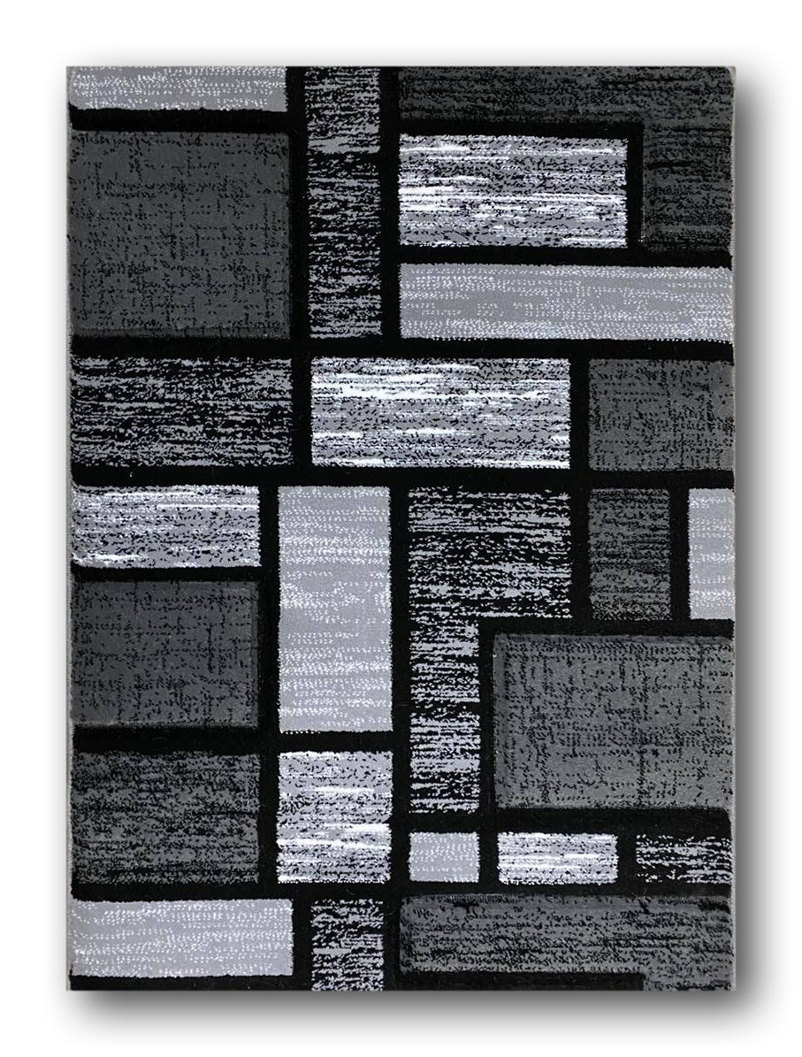 Covor cu Insertii Geometrice de Tip Patratele si Dreptunghiuri,Gri/Negru