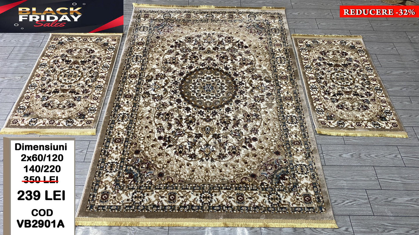 Set Covor si Traverse cu Medalion si Insertii florale,Crem