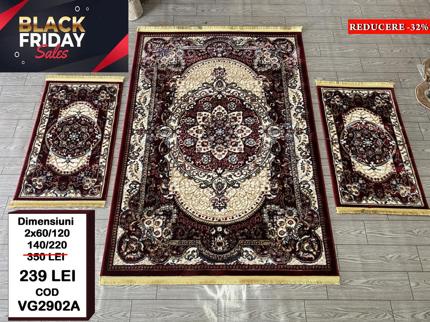 Set Covor si Traverse cu Medalion si Insertii Florale ,Grena