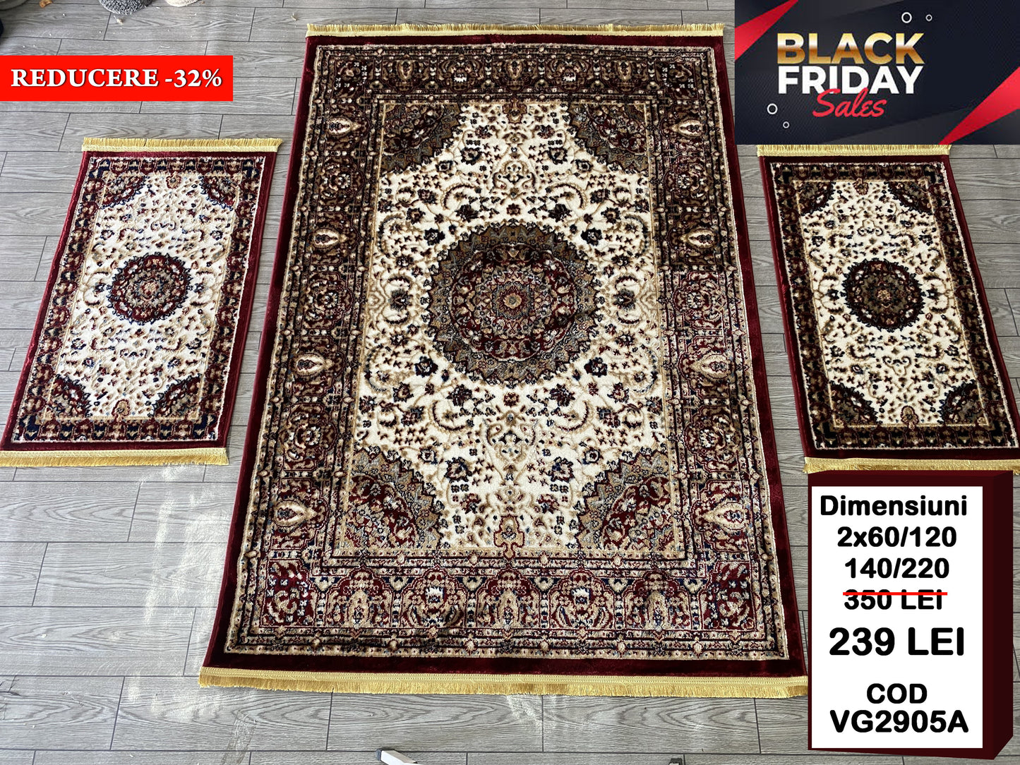 Set Covor si traverse cu Medalion si Insertii Florale ,Grena