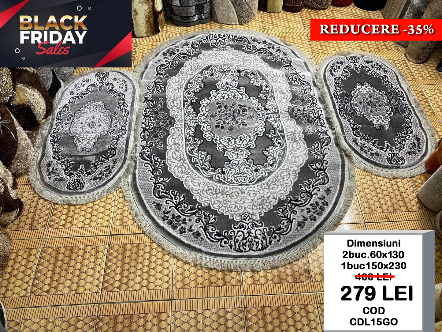 Set Covor si Traverse cu Medalion si Insertii Florale,Gri