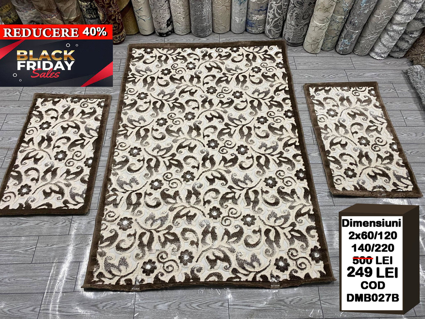 Set Covor si Traverse cu Insertii Florale 3D,Maro-Crem