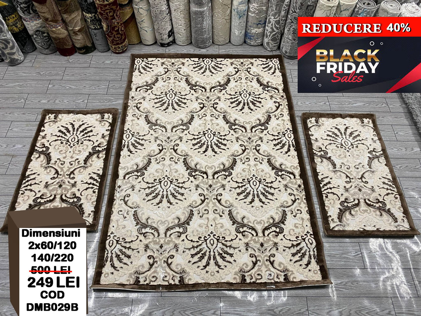 Set Covor si Traverse Baroc 3D , Maro-Bej