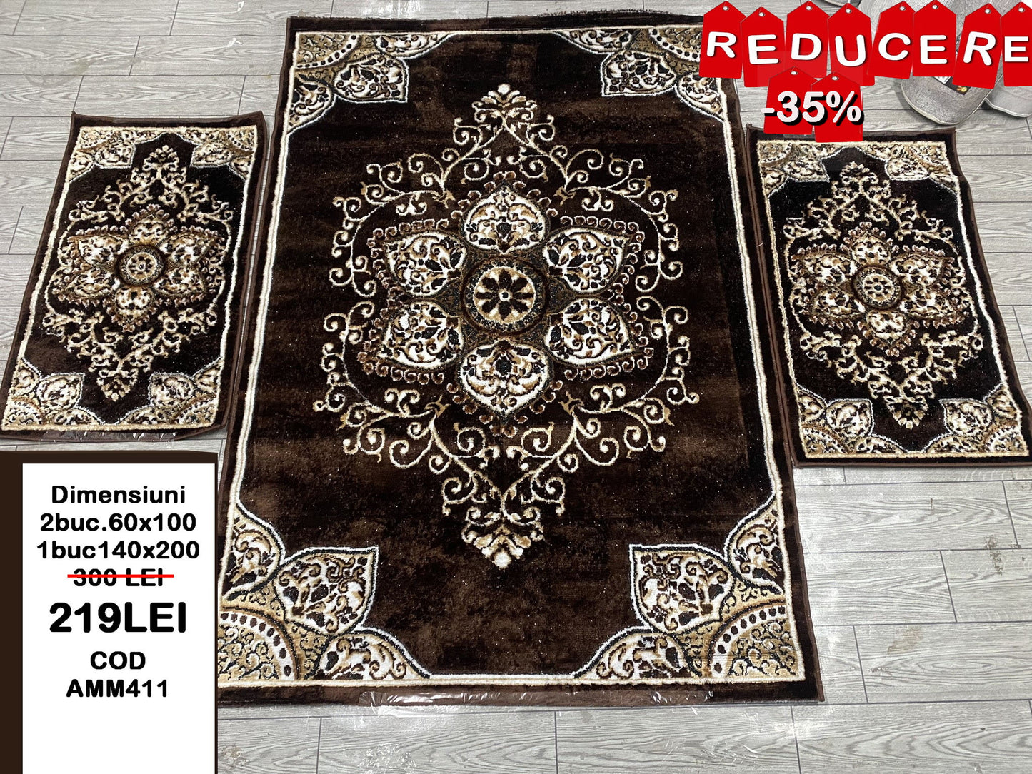 Set Covor si Traverse cu Insertii Florale ,Maro/Crem