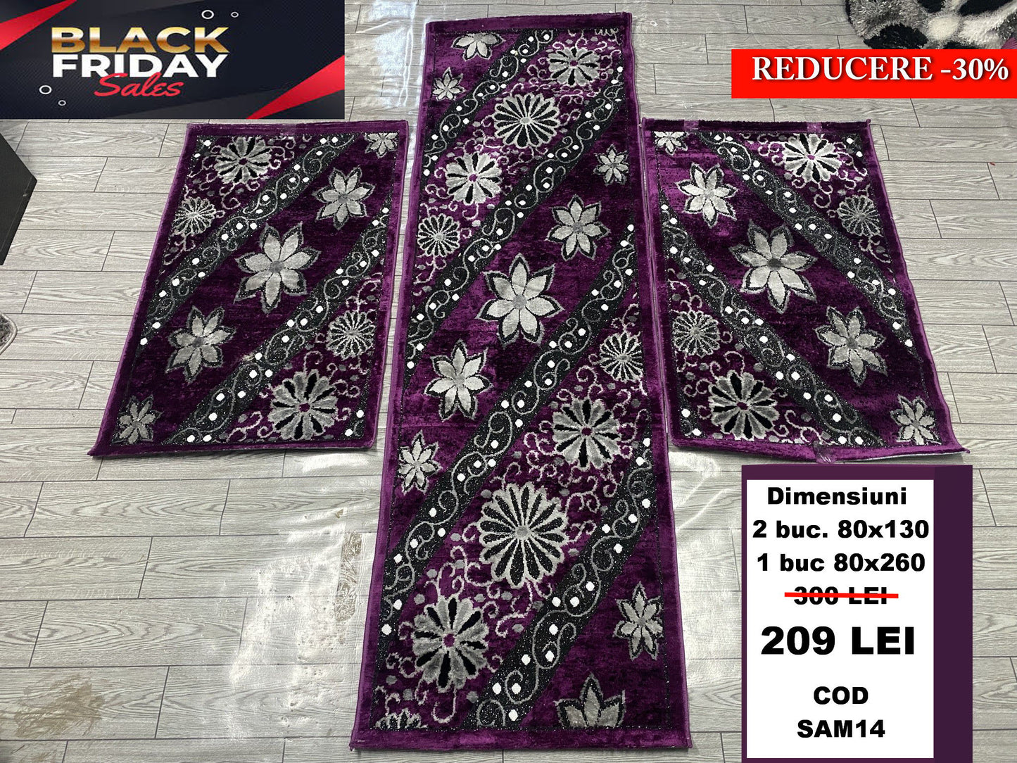 Covor cu 3 Traverse cu Imprimeu Floral,Mov