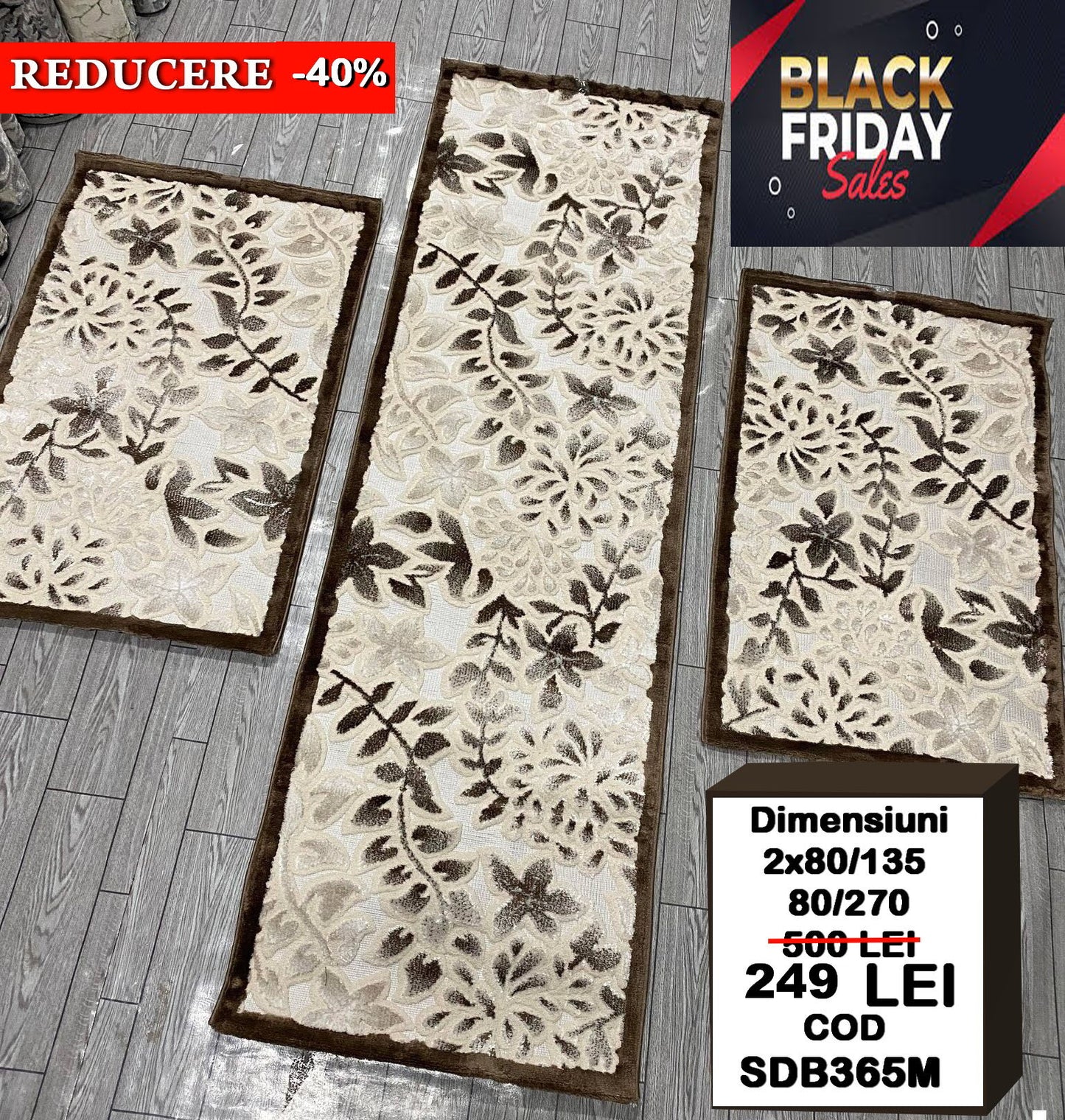 Set 3 Traverse cu Insertii Florale 3D,Maro-Bej