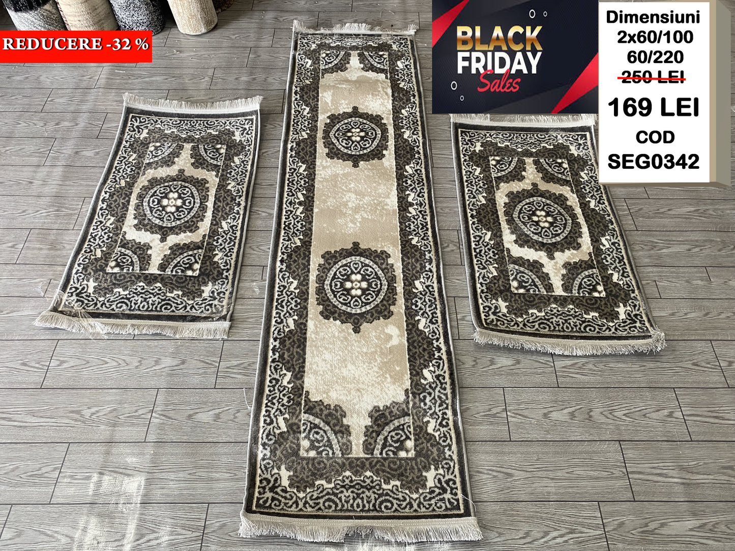 Set 3 Traverse cu Medalion si Insertii Florale ,Gri-Bej