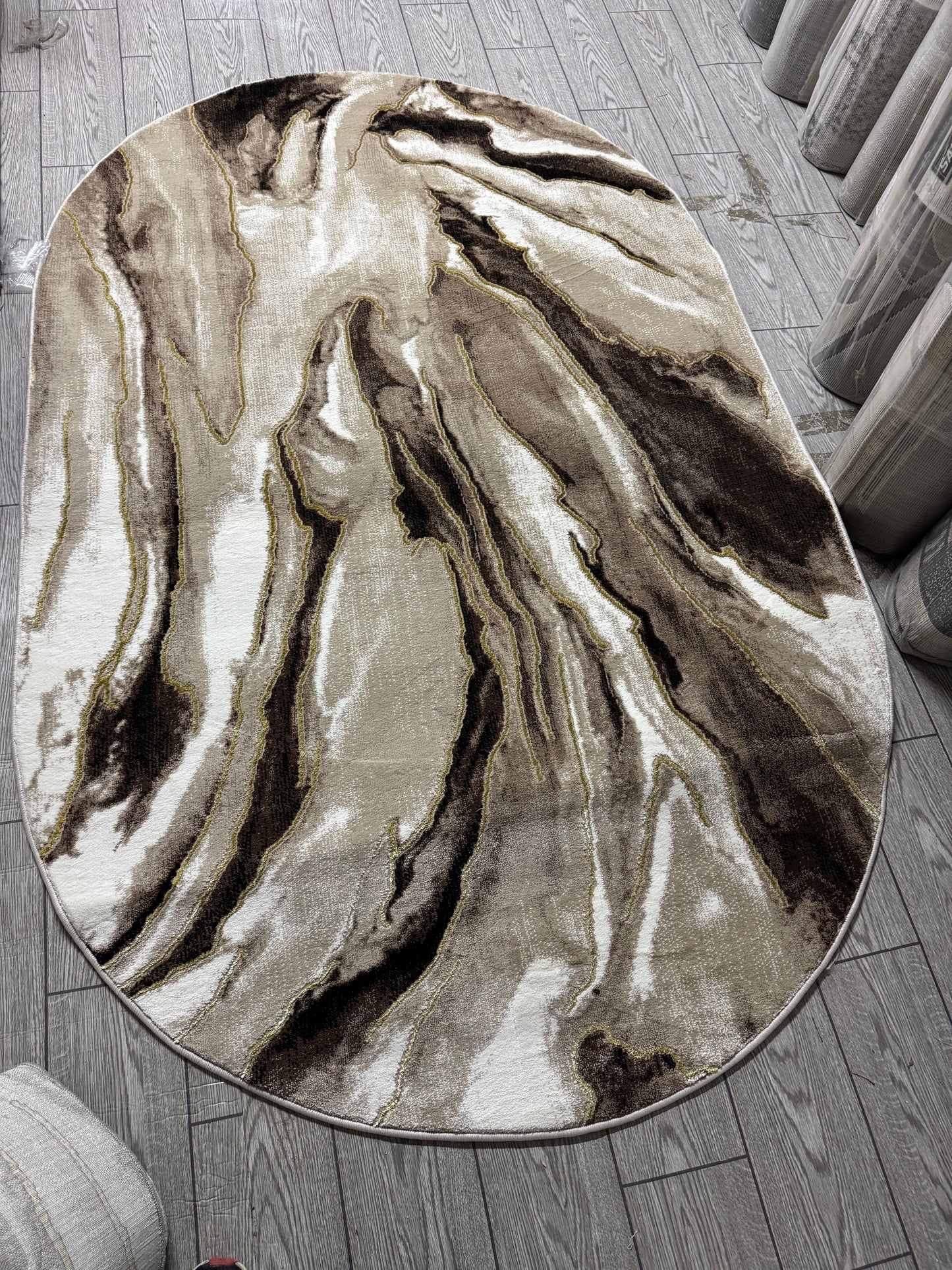 Covor cu Insertii 3D tip Marmura,Bej/Crem/Auriu