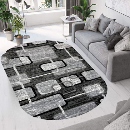 Covor cu Insertii Geometrice tip Patrate,Gri/Negru