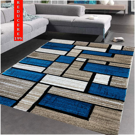 Covor cu Fir Scurt cu Insertii Geometrice de tip Patrate,Bej/Turqoise