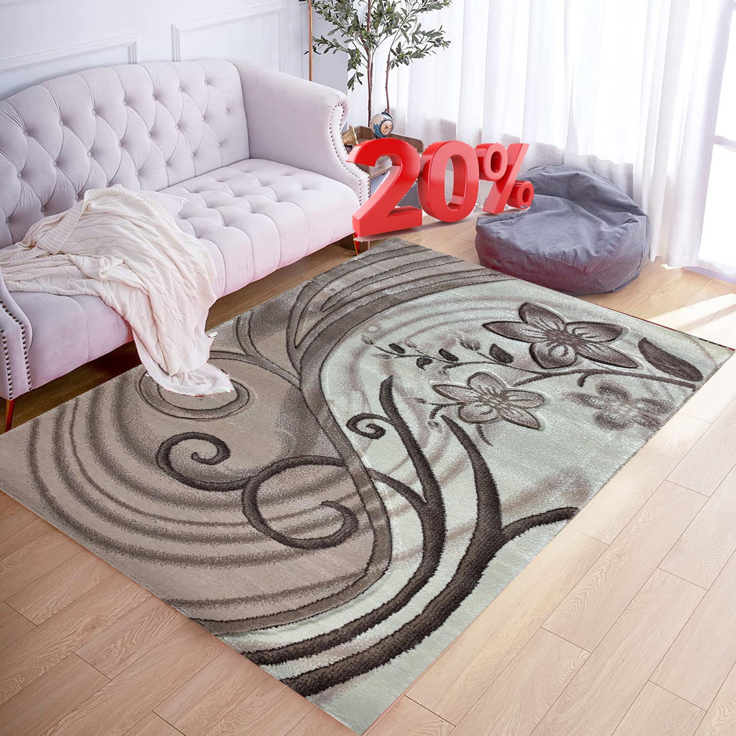 Covor cu Insertii Florale tip Margarete , Grej