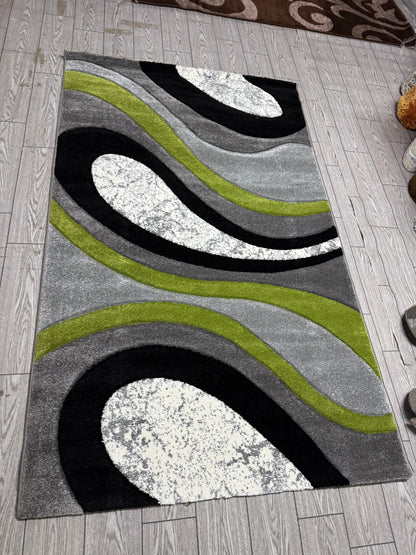 Covor Modern tip Valuri, Gri/Negru/Verde