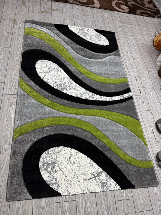 Covor Modern tip Valuri, Gri/Negru/Verde