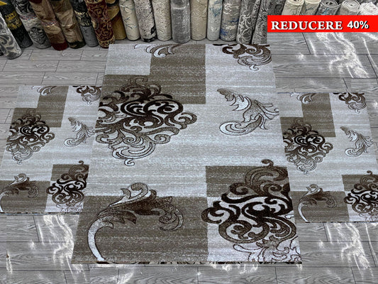 Set Covoare Dormitor si Traverse Tip Baroc,Bej/Maro