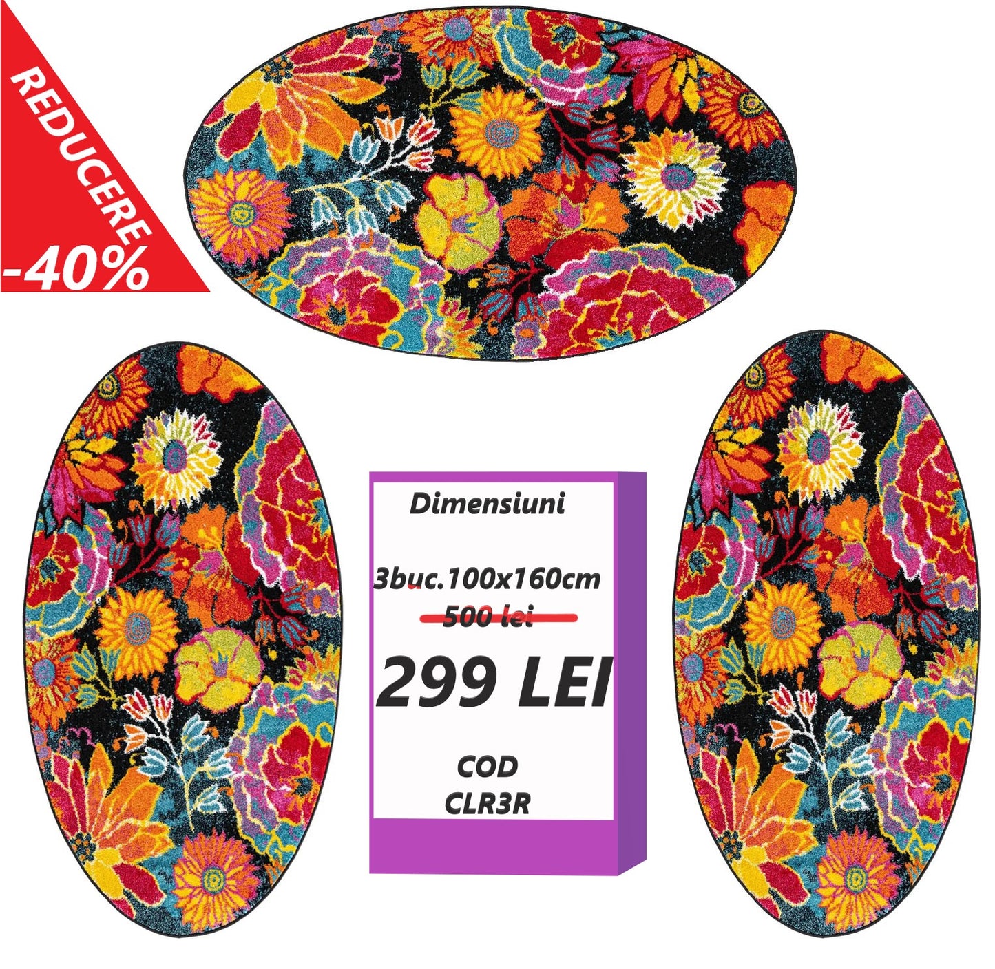 Set 3 Covoare Ovale cu Insertii Florale Multicolore