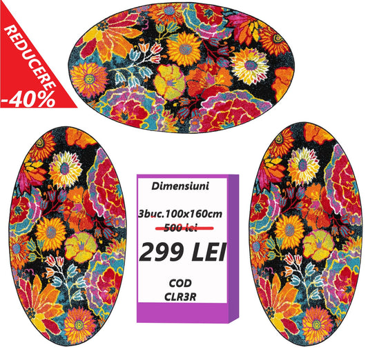 Set 3 Covoare Ovale cu Insertii Florale Multicolore
