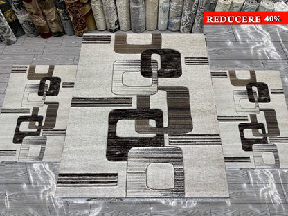 Set Covoare Dormitor si Traverse Tip Lanturi,Bej/Maro