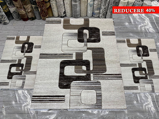 Set Covoare Dormitor si Traverse Tip Lanturi,Bej/Maro