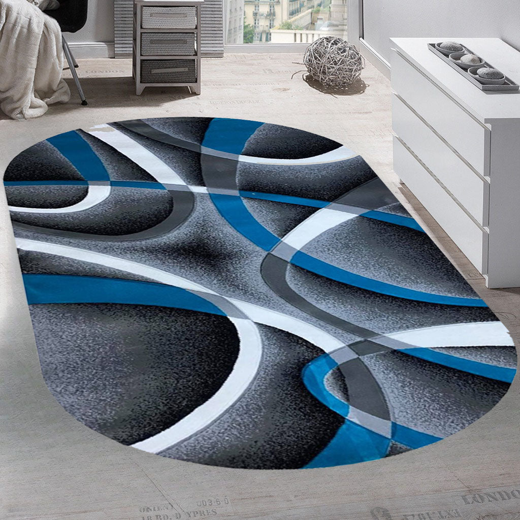 Covor cu Insertii Geometrice de Tip Linii ,Gri/Albastru