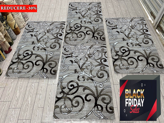 Set 3 Covoare Dormitor cu Insertii Florale tip  Crengute,Bej/Maro