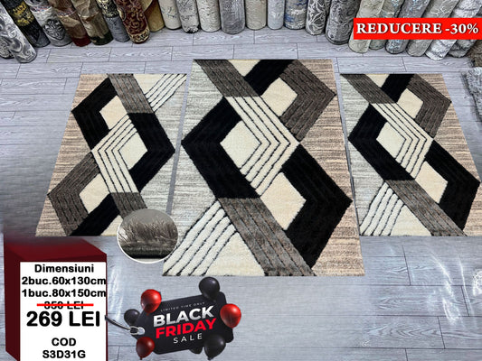 Set 3 Traverse Pufoase 3D,Gri/Negru/Alb