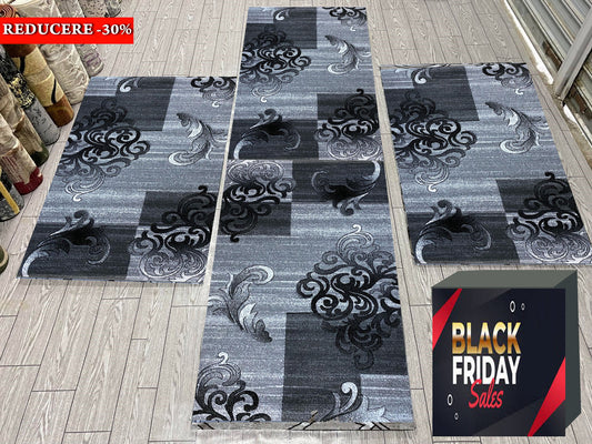 Set 3 Covoare Dormitor  cu Insertii Florale tip  Baroc,Gri