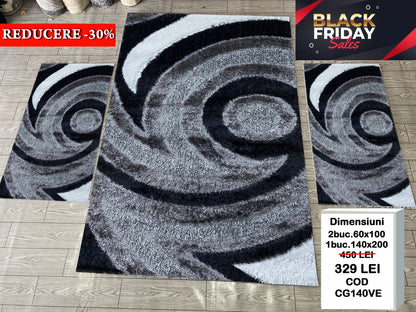 Set Covor si Traverse Pufoase de Matase 3D,Gri/Negru/Alb