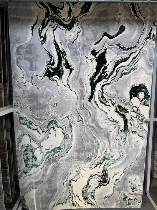 Covor Tip Valuri,Verde Smarald/Gri/Bej