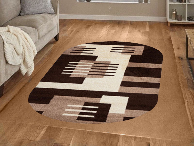 Covor cu Insertii Geometrice Tip Patrate si Linii ,Capucinno/Bej