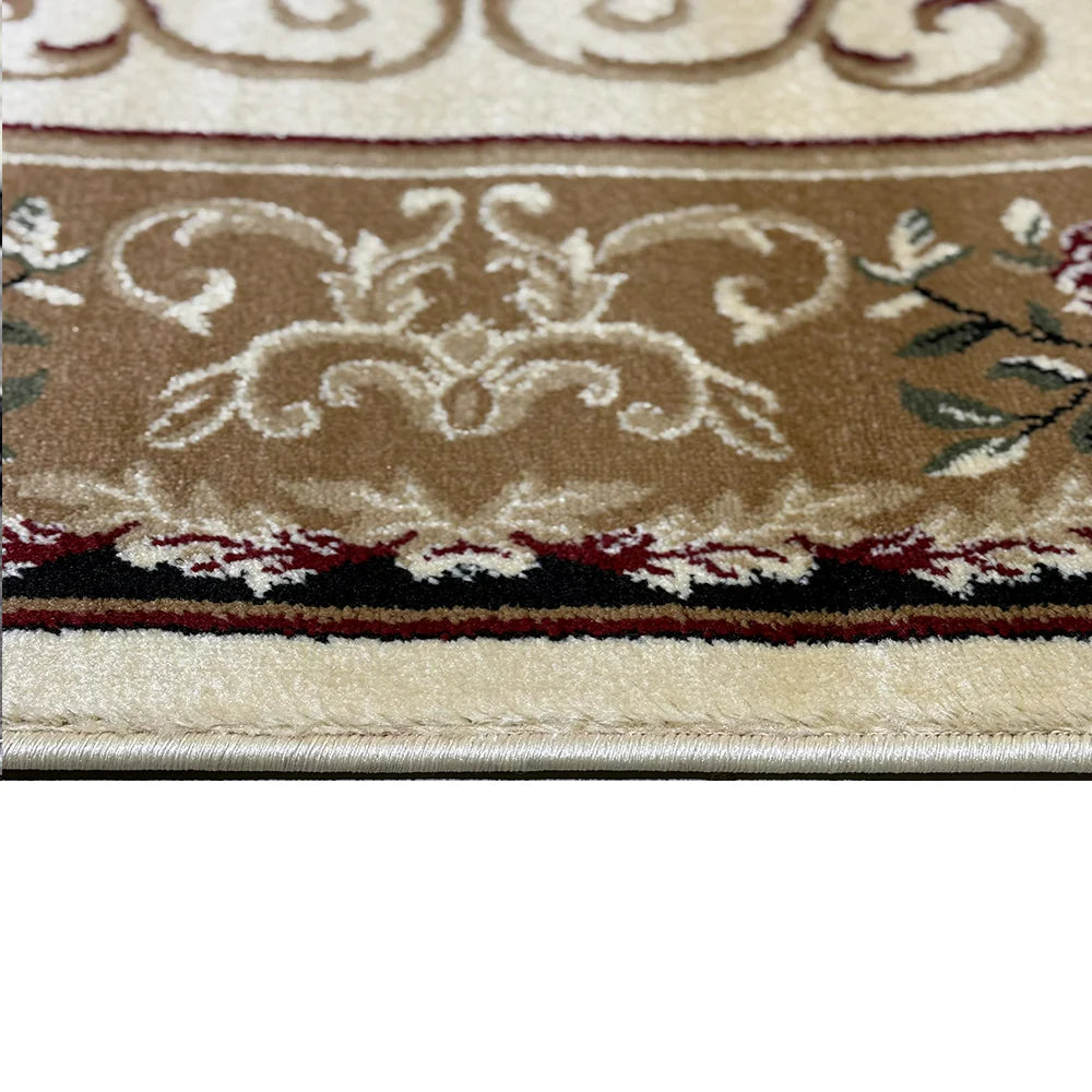 Covor cu Medalion si Insertii Florale ,Crem/Verde/Grena