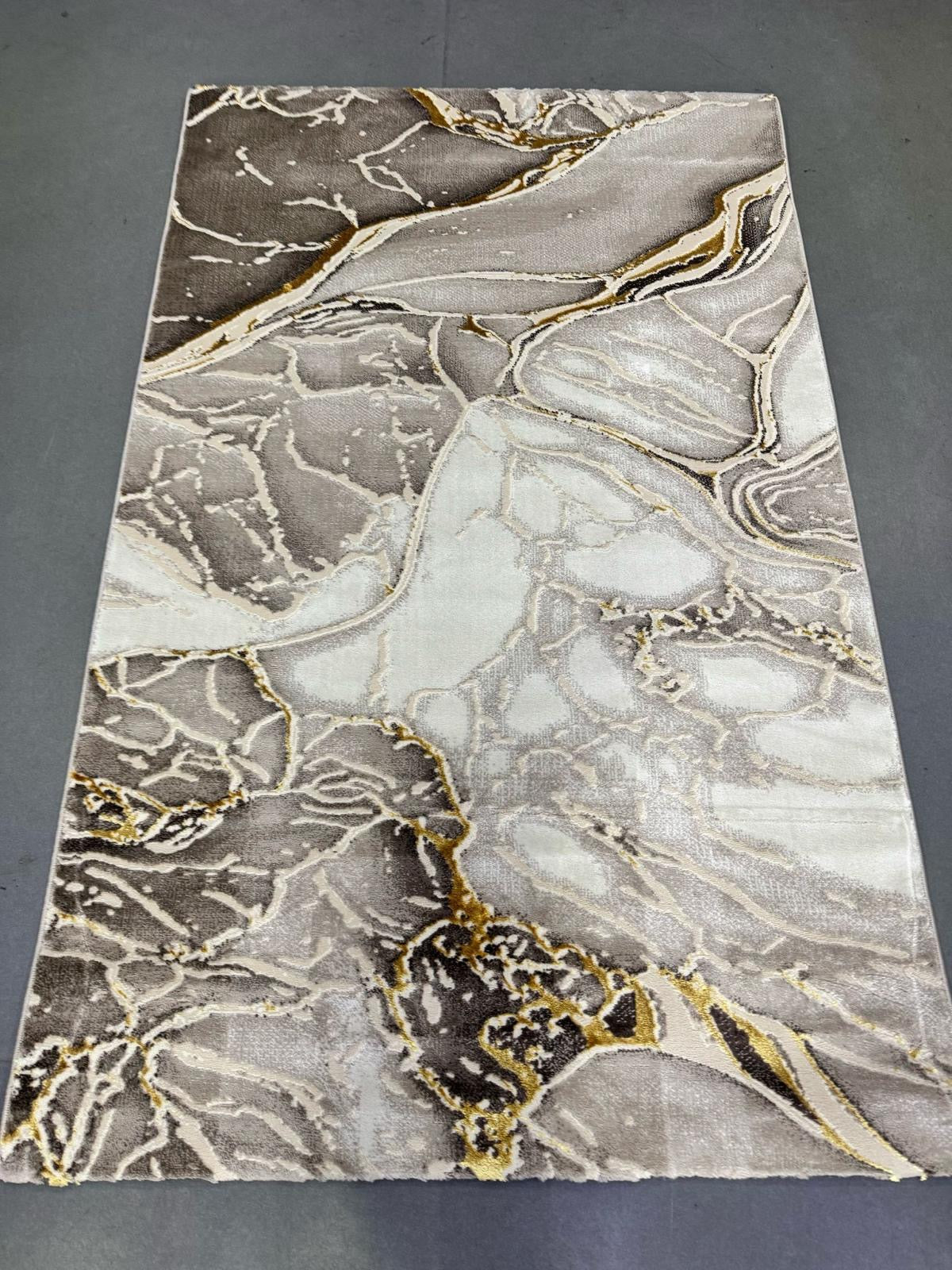 Covor cu Insertii 3D tip Marmura,Bej/Gri/Auriu