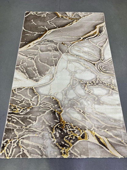 Covor cu Insertii 3D tip Marmura,Bej/Gri/Auriu
