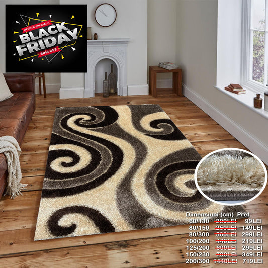 Covor Pufos cu Fir de Matase Si Bumbac 3D Tip Valuri,Bej/Maro