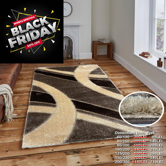 Covor Pufos cu Fir de Matase si Pufos 3D TIp Lini,Capucinno/Bej/Maro