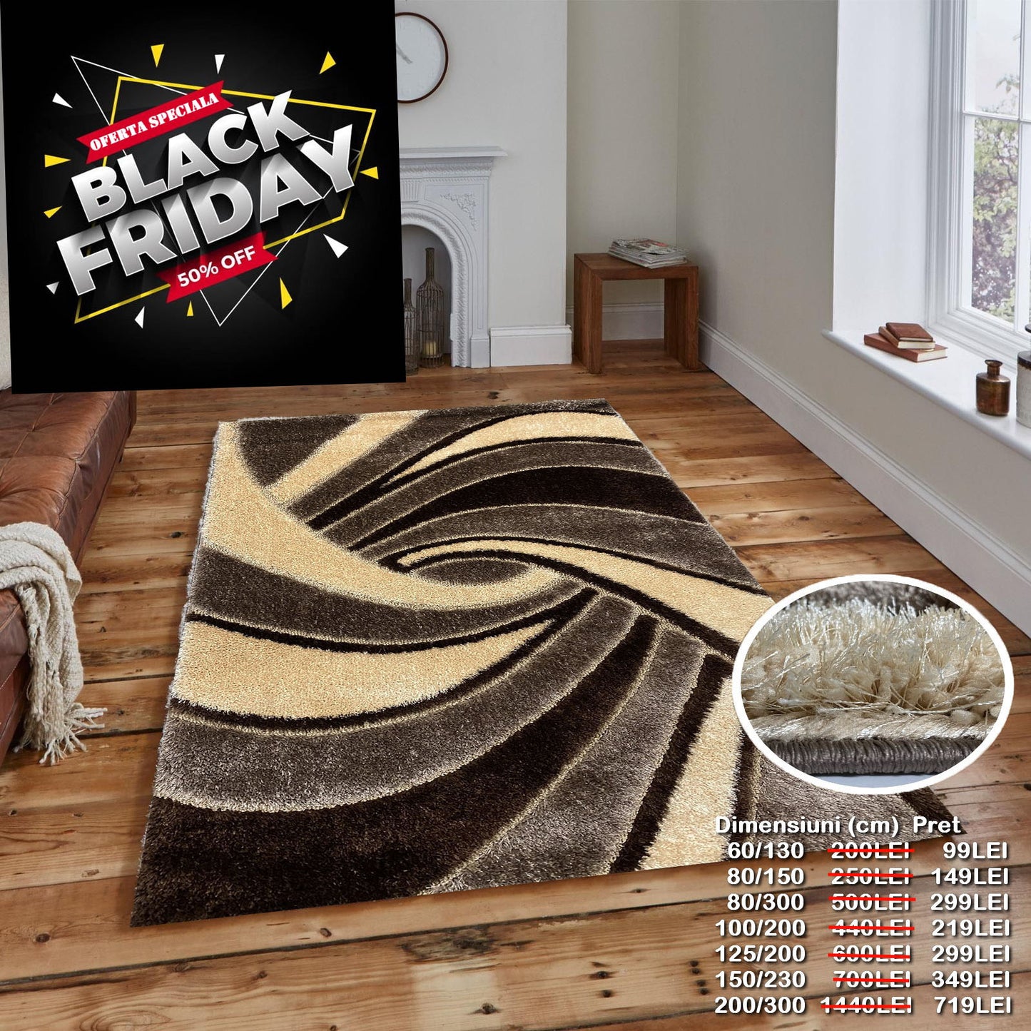 Covor Pufos cu Fir de Matase si Bumbac 3D Tip Ventilator ,Bej/Capucinno/Maro