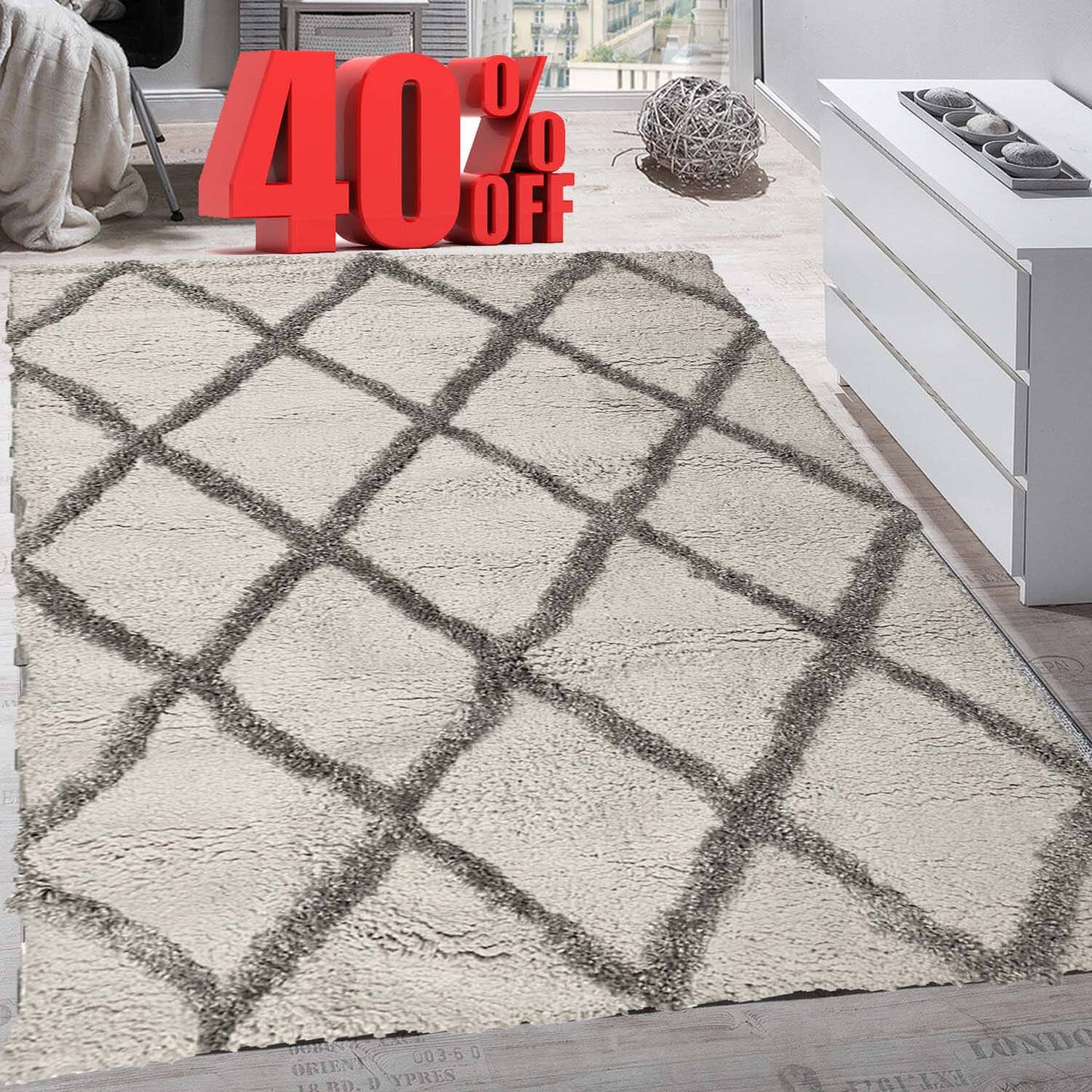 Covor Pufos Cu Insertii tip Romb ,Gri/Alb