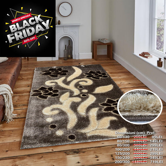 Covor Pufos cu Fir de Matase si Bumbac 3D tip Trandafiri,Capucinno/Bej/Maro