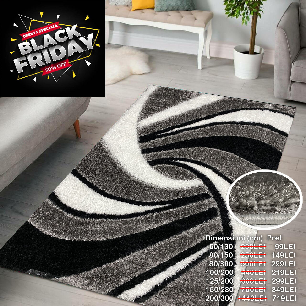 Covor Pufos cu Fir de Matase si Bumbac 3D Tip Ventilator ,Gri/Negru/Alb