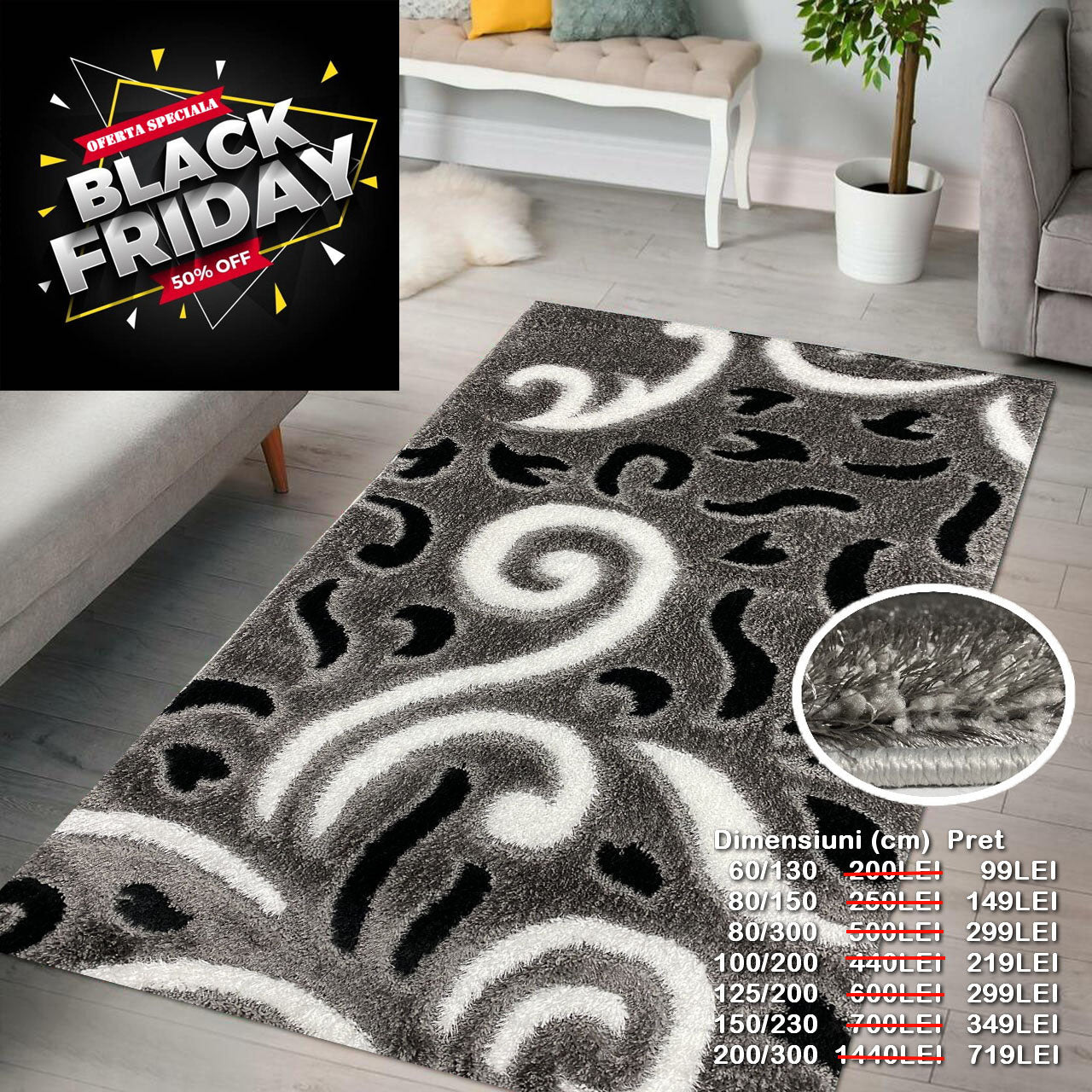 Covor Pufos cu Fir de Matase si Bumbac 3D tip Coarne,Gri/Alb/Negru