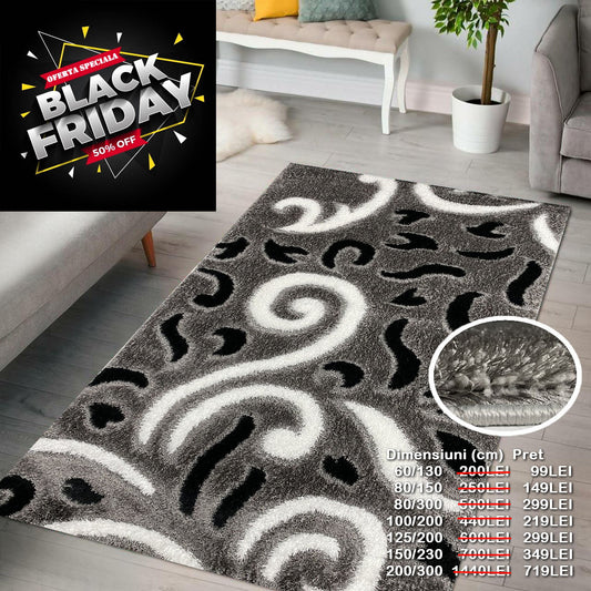 Covor Pufos cu Fir de Matase si Bumbac 3D tip Coarne,Gri/Alb/Negru