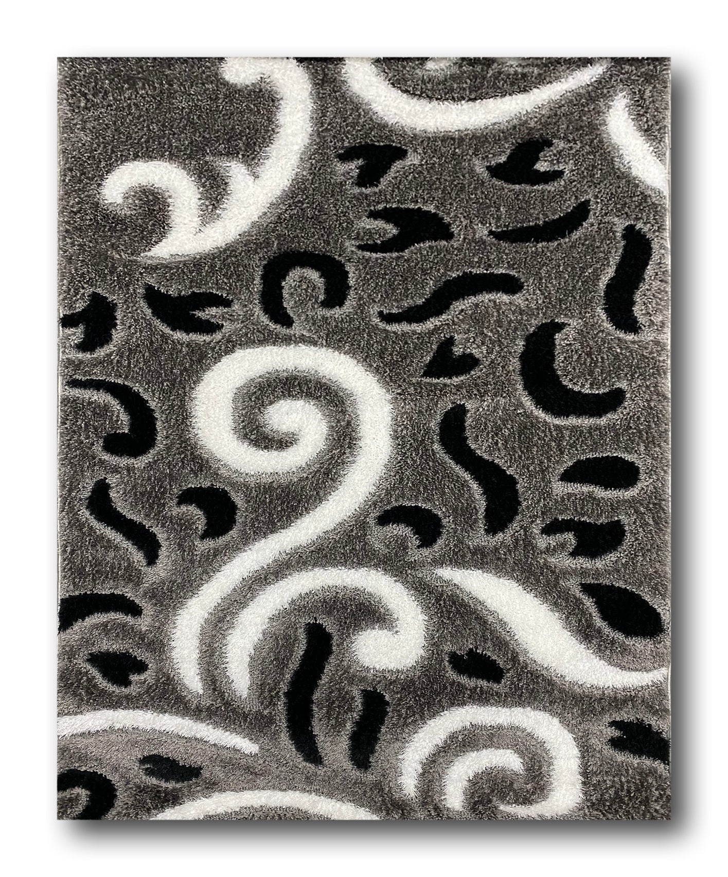 Covor Pufos cu Fir de Matase si Bumbac 3D tip Coarne,Gri/Alb/Negru