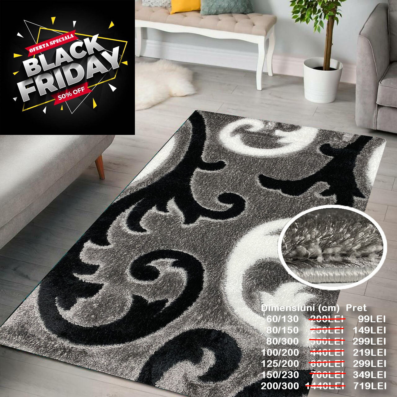 Covor Pufos cu Fir de Matase si Pufos 3D Tip Coarne,Gri/Alb/Negru