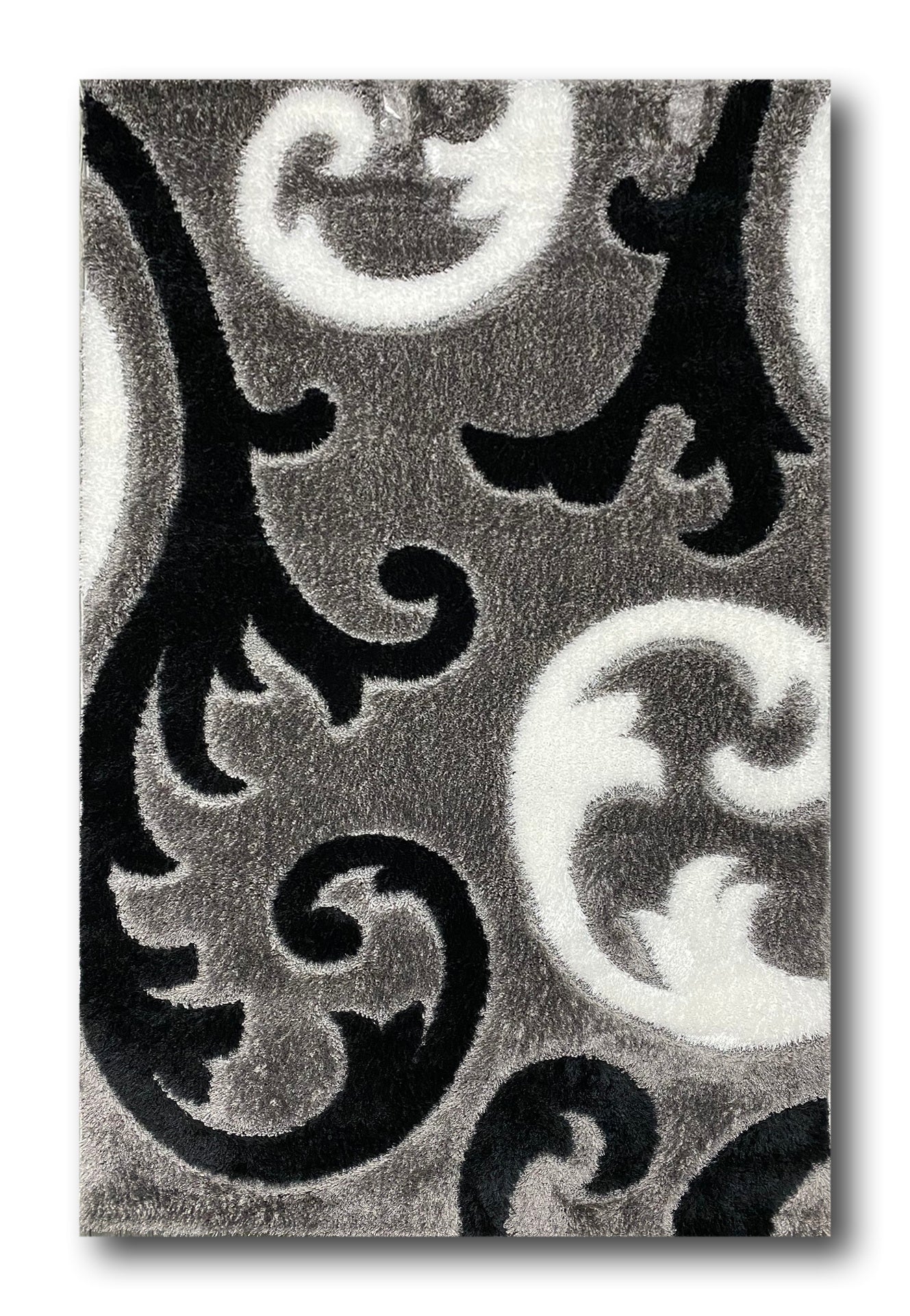 Covor Pufos cu Fir de Matase si Pufos 3D Tip Coarne,Gri/Alb/Negru