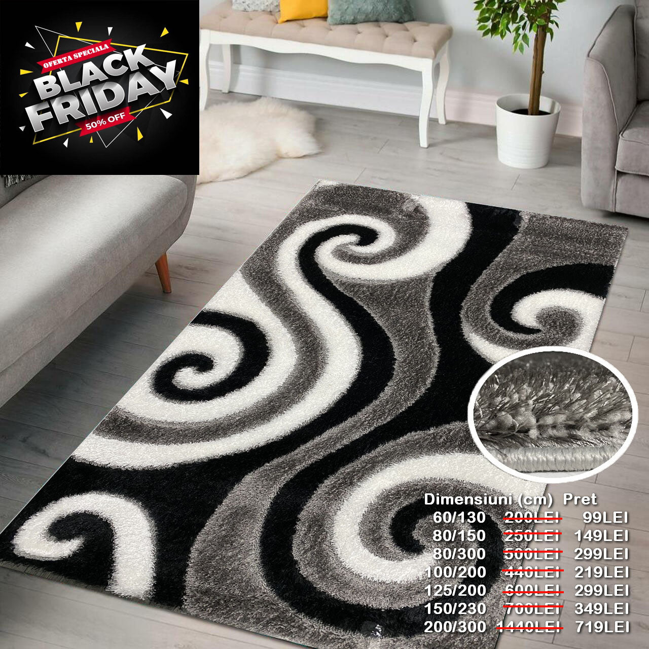 Covor Pufos cu Fir de Matase Si Bumbac 3D Tip Valuri,Gri/Negru